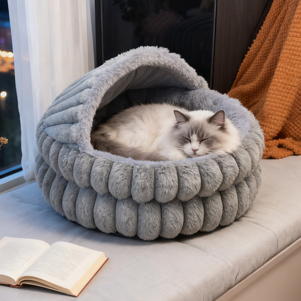Hooded Plush Cat Cave Bed shown in a home setting (view 2)