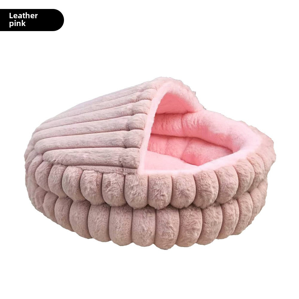Hooded Plush Cat Cave Bed in Peach Pink