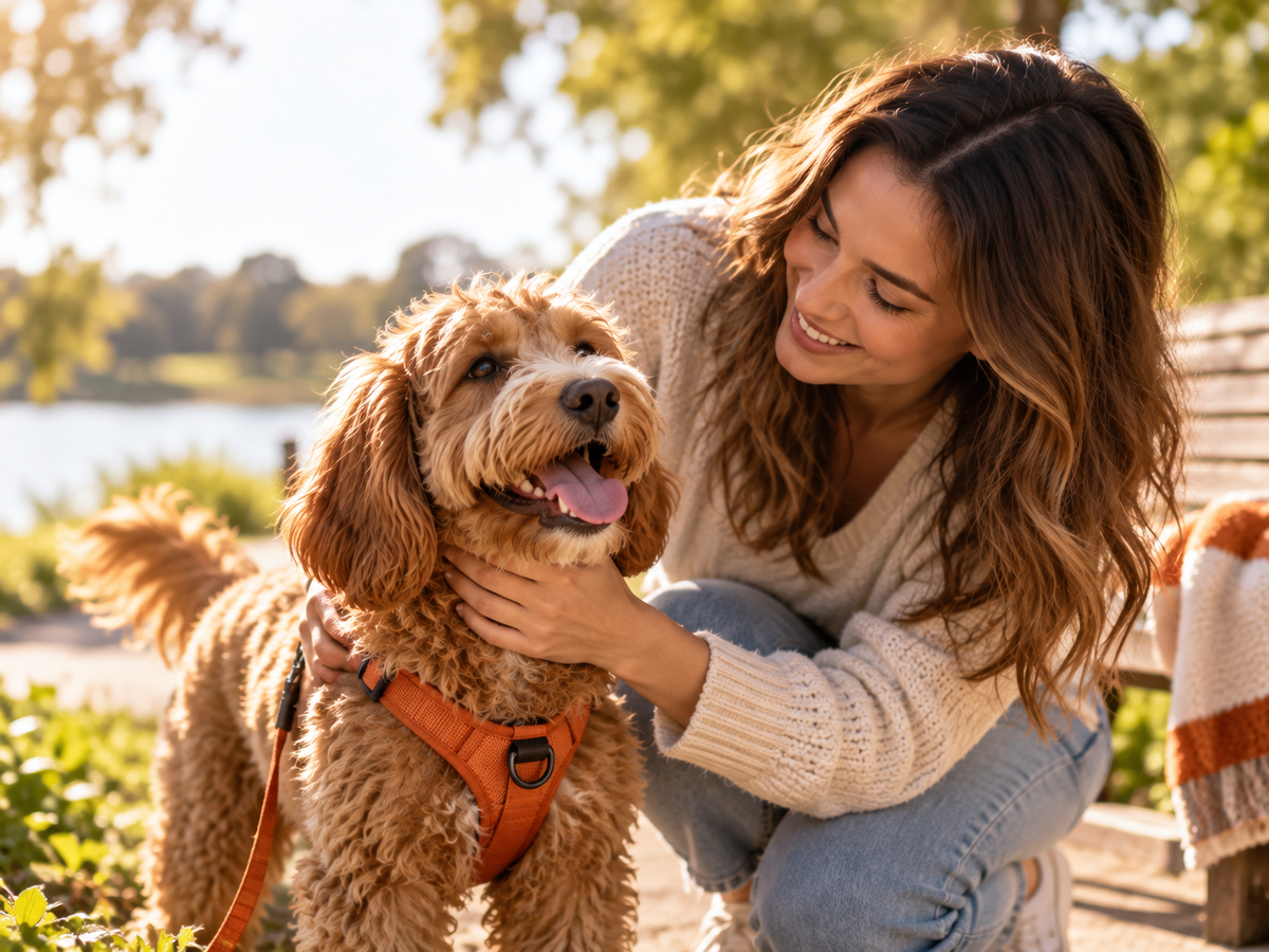 A woman kneeling outdoors beside an apricot doodle in an orange harness, with autumn trees and a lake behind them