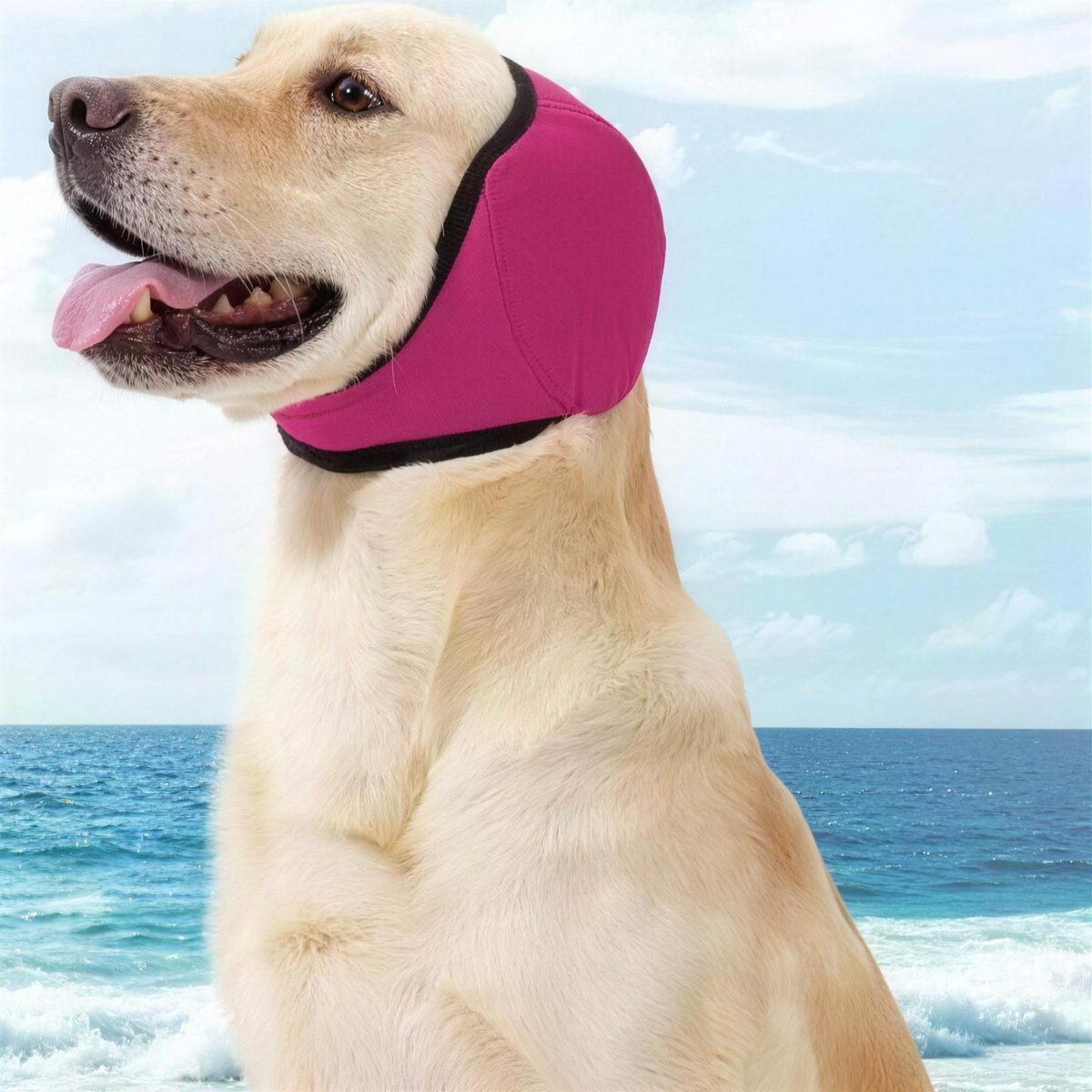 Adjustable Dog Ear Wrap & Head Cover shown in a home setting (view 2)