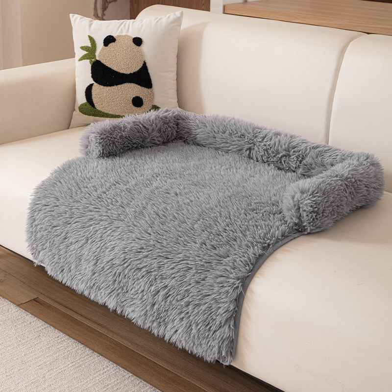 Plush Couch Pet Bed with Bolster — Fluffy Shag, Gray