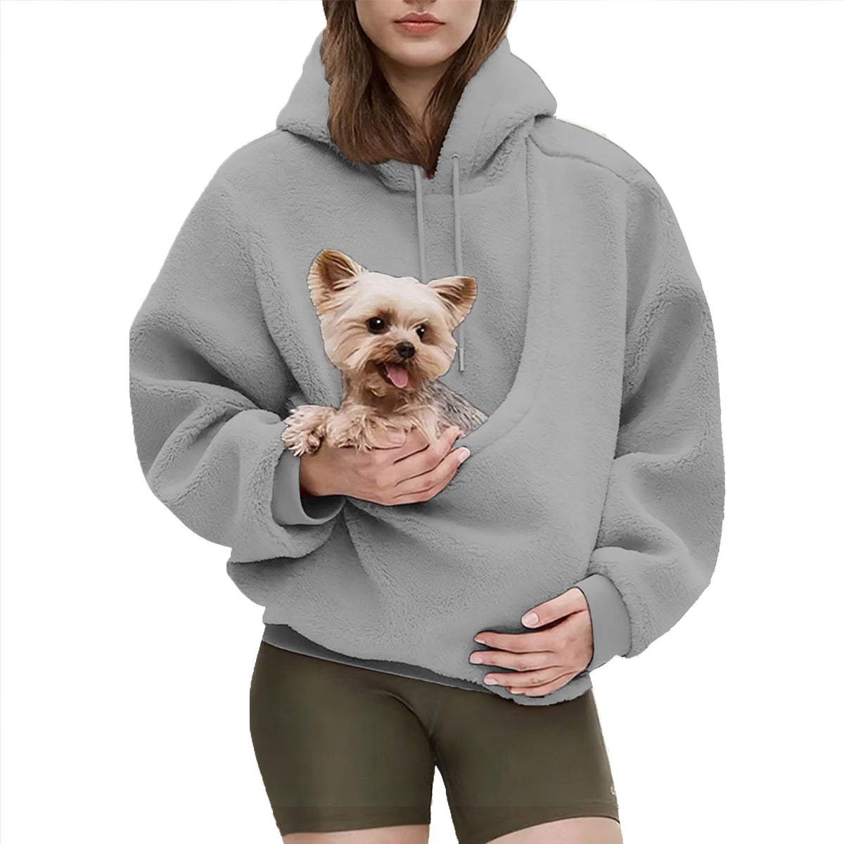 Solid Color Hooded Pet Pocket Loose Pullover Sweatshirt for Women in Light gray