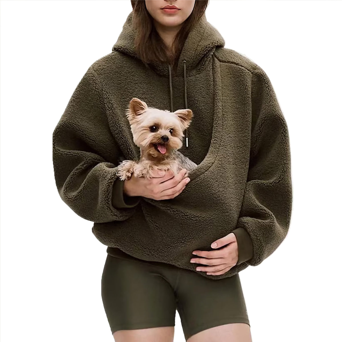 Solid Color Hooded Pet Pocket Loose Pullover Sweatshirt for Women in Brown