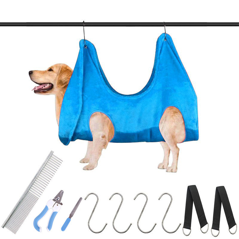 Fleece Pet Grooming Hammock with Hooks — Fleece Hammock + Grooming Kit, Blue