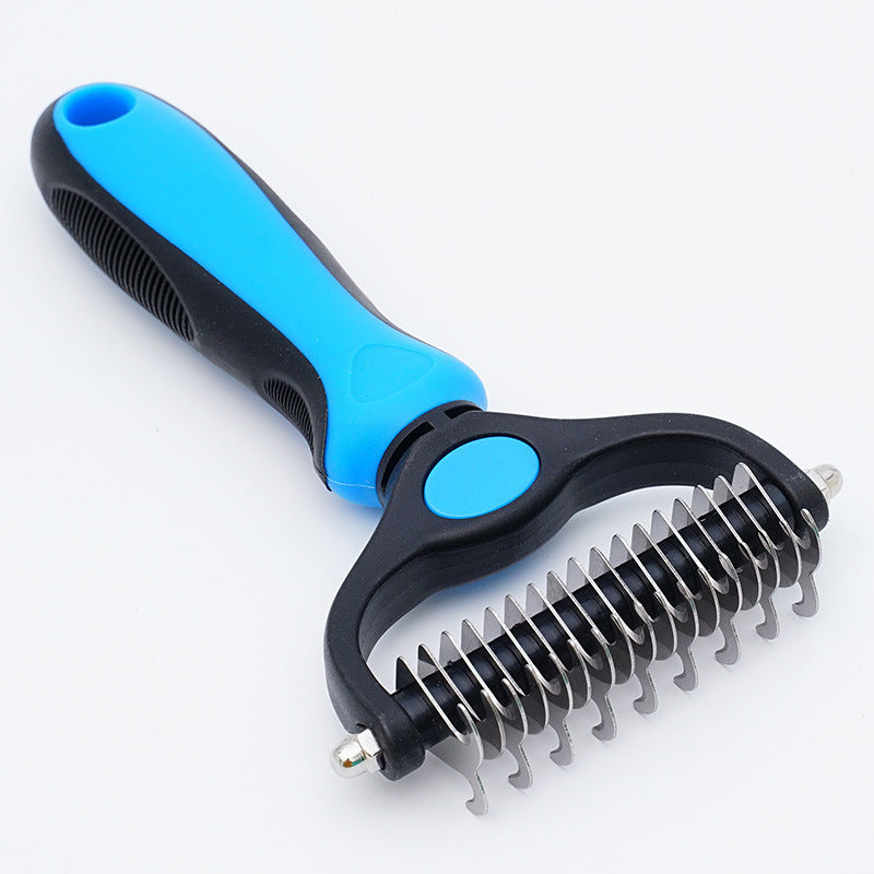 Blue dematting comb angled to show the denser deshedding row of teeth