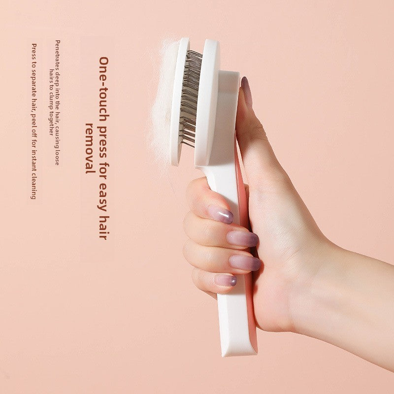 Round Self-Cleaning Slicker Brush with Cat-Ear Button shown in a home setting (view 4)