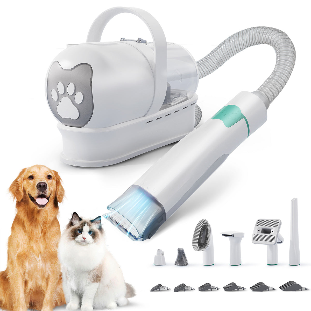 The grooming vacuum and its full set of attachments, with a Golden Retriever and a cat