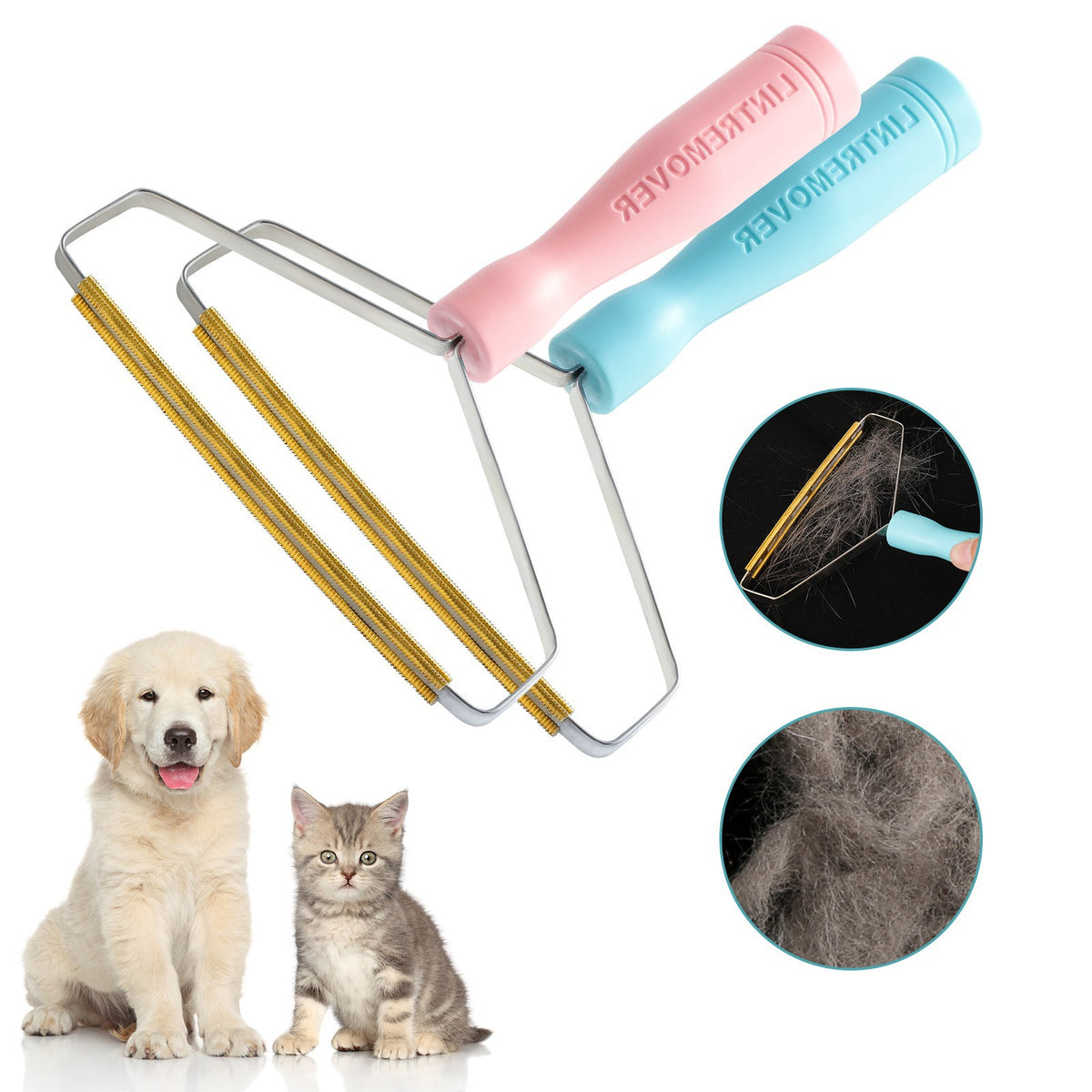 Pink and blue hair removers with a puppy and a kitten, and close-ups of the blade and the fur it lifted