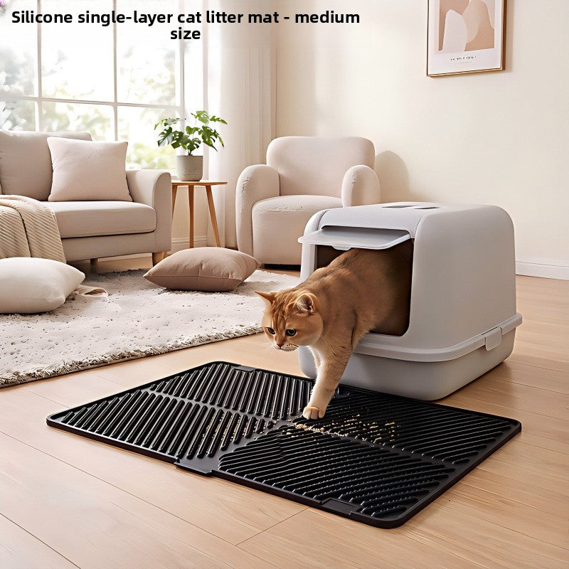 Foldable Silicone Cat Litter Mat — Single Layer, Black, Medium