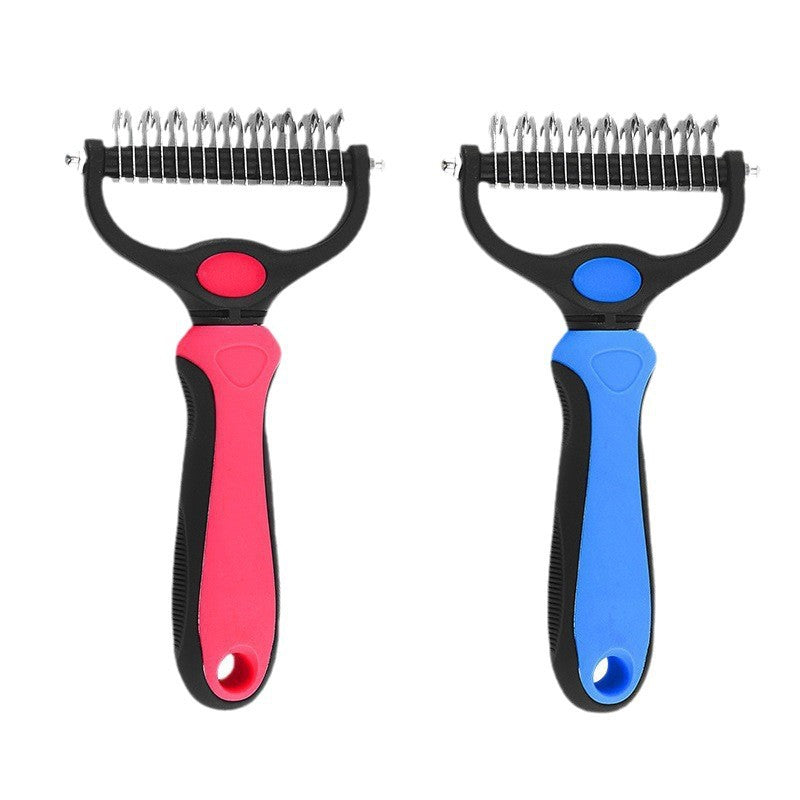 Both dematting comb colors upright side by side, Rose Red and Blue