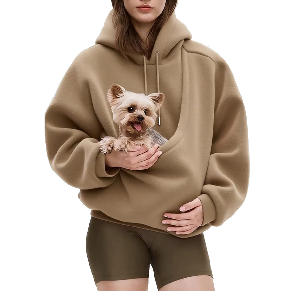 Solid Color Hooded Pet Pocket Loose Pullover Sweatshirt for Women in Khaki