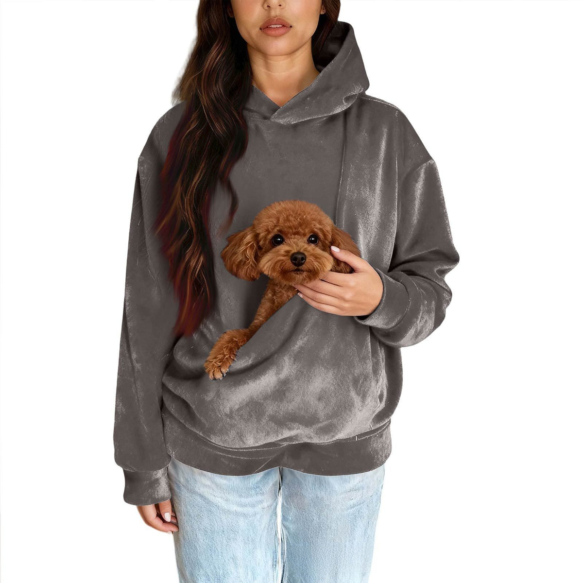 Men Women Pure Color Long Sleeve Hooded Sweatshirt with Pet Pocket in Dark gray