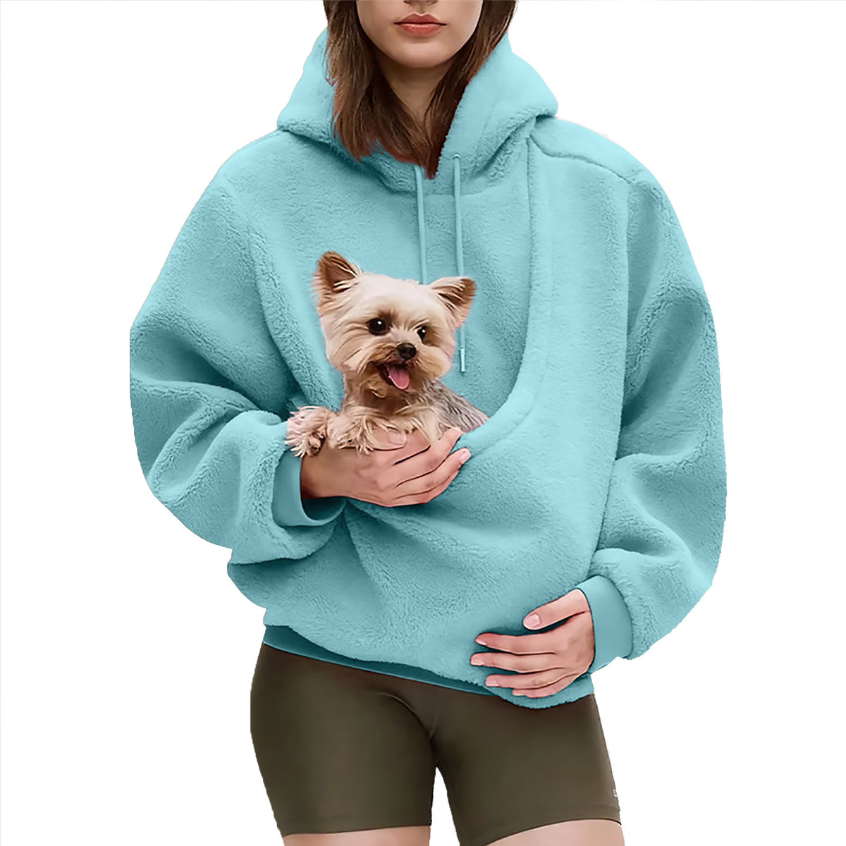 Solid Color Hooded Pet Pocket Loose Pullover Sweatshirt for Women in Sky blue