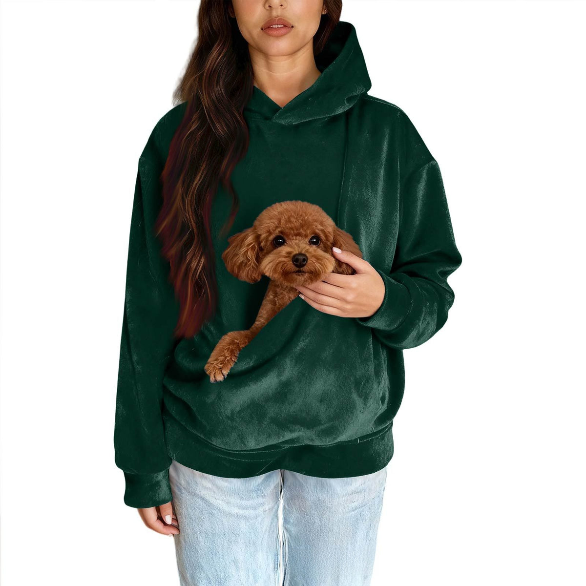 Men Women Pure Color Long Sleeve Hooded Sweatshirt with Pet Pocket in Dark green