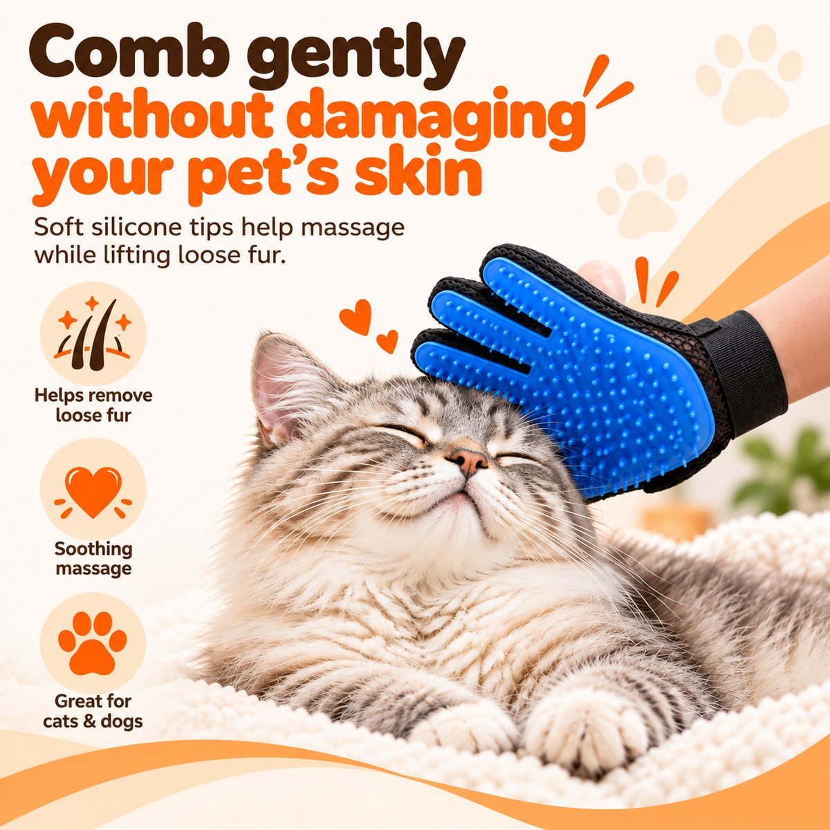 A long-haired cat being stroked with the blue grooming glove