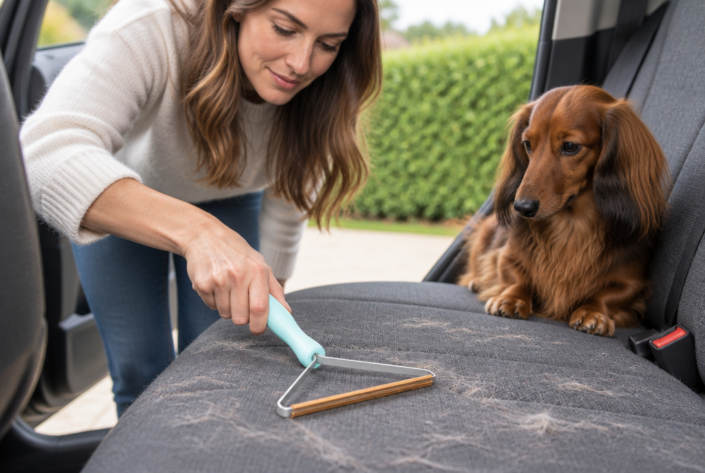A woman leaning into a car and drawing the fabric hair remover across a grey back seat, with a Dachshund watching