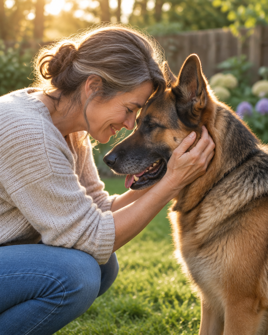 A woman crouching on a lawn holding a German Shepherd's face, foreheads almost touching