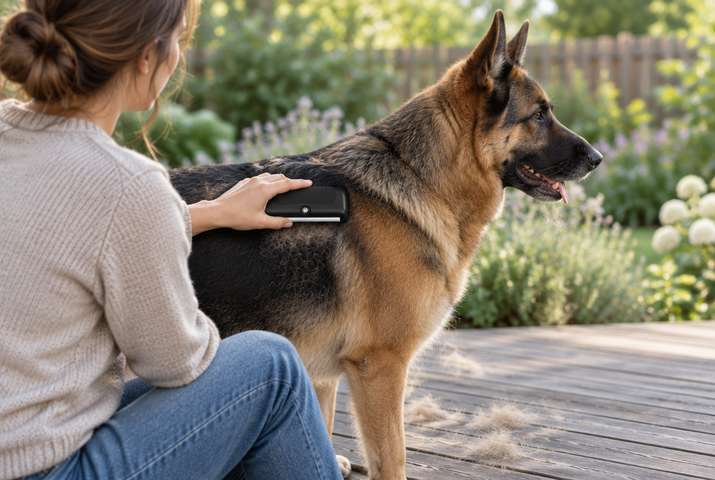 A woman on a garden deck working the handheld deshedding tool along a German Shepherd's back