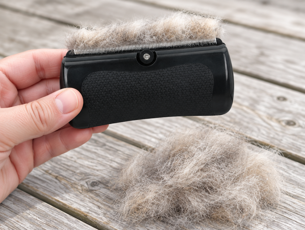 The deshedding tool held up with a dense pad of loose undercoat along its teeth and a pile of fur on the decking