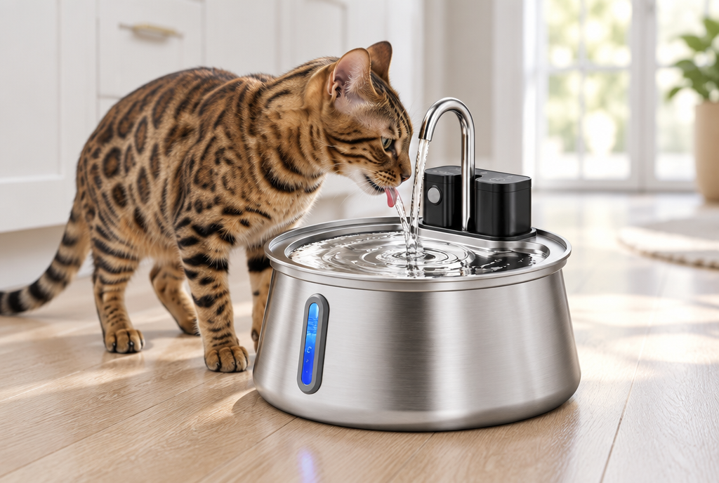 A Bengal cat drinking from the stainless steel pet water fountain on a kitchen floor