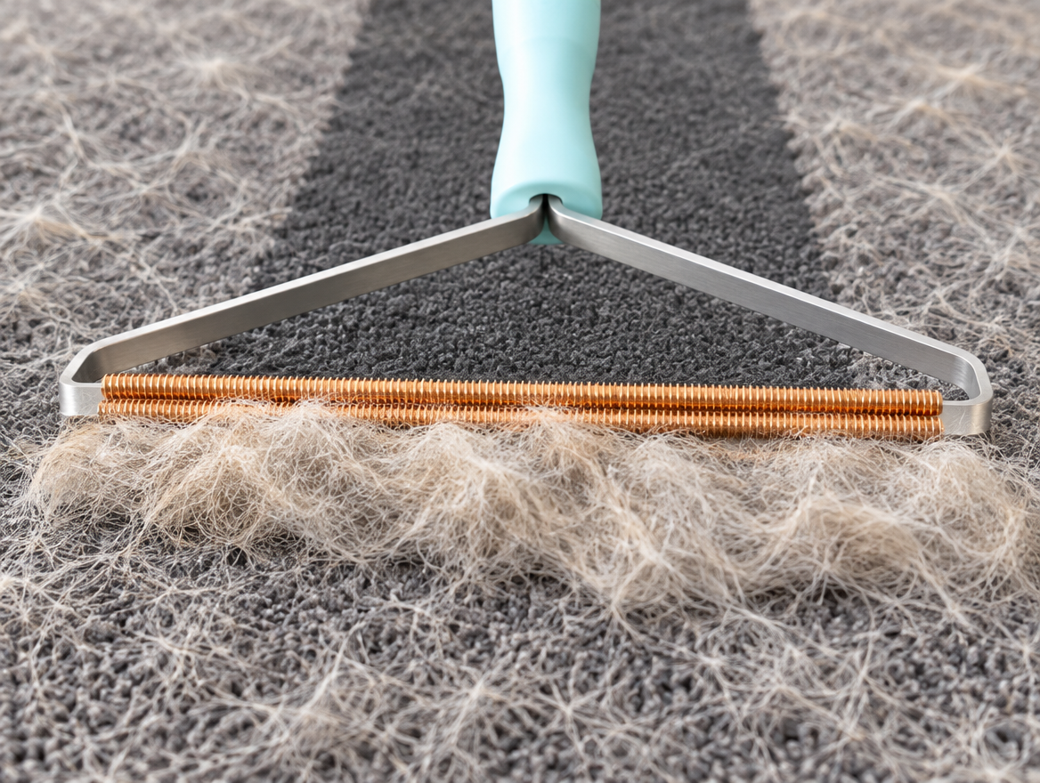 The fabric rake pulled across a grey carpet, leaving a clean stripe and a thick ridge of raked-up fur