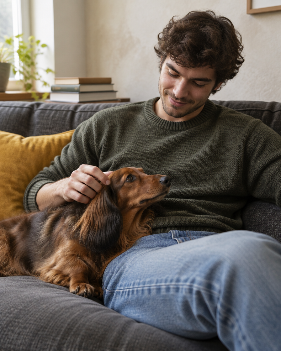 A man on a sofa with a long-haired Dachshund stretched across his lap
