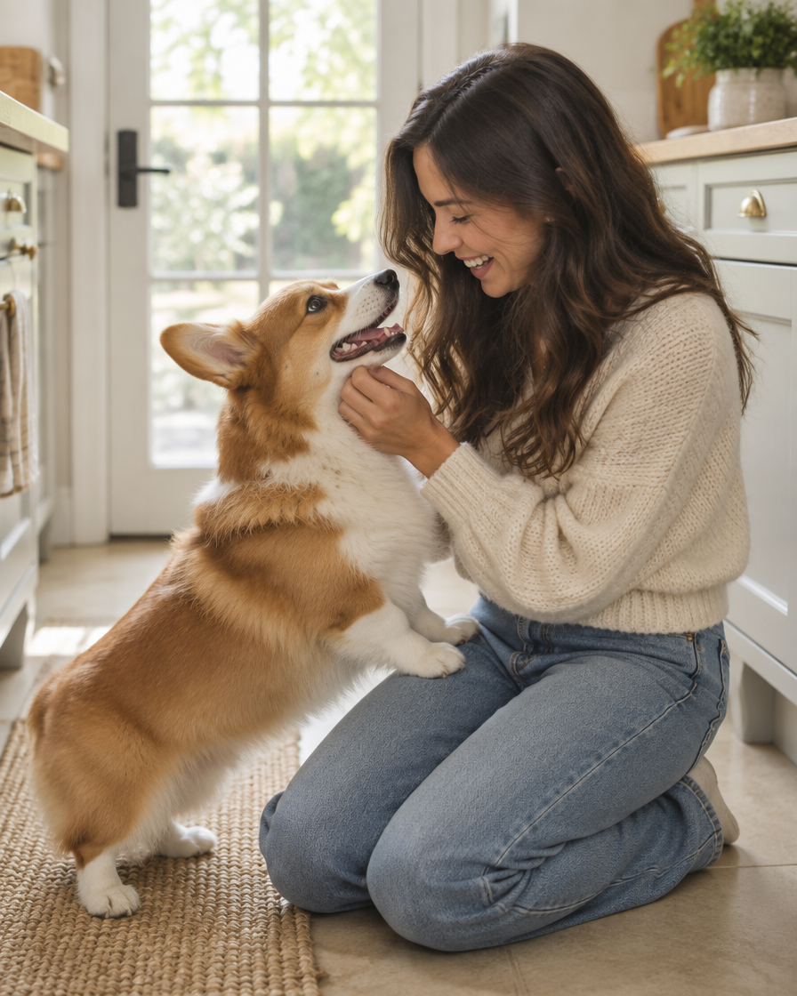 A woman kneeling on a kitchen floor with a Corgi leaning its paws on her knee