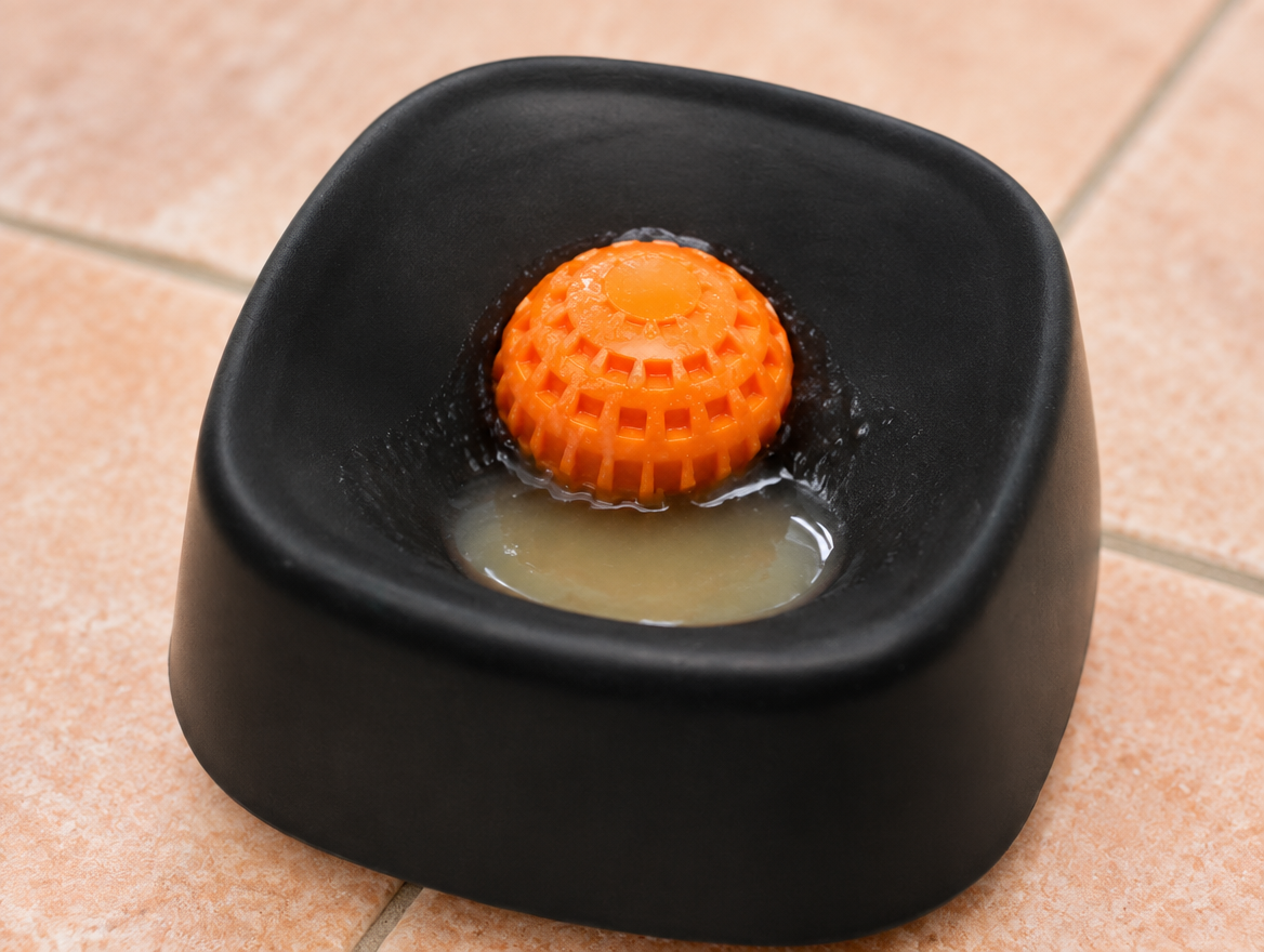 Close-up of the ridged orange ball turned in its seat with broth clinging to it and pooled in the well below