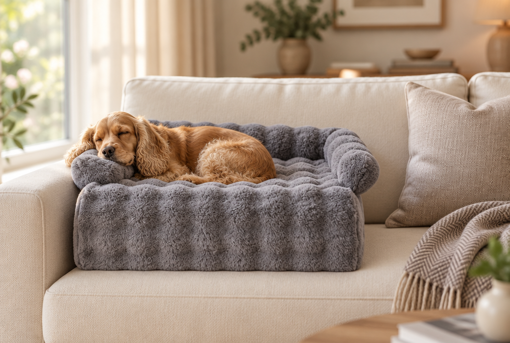 A Cocker Spaniel curled asleep in the grey plush bolster bed on a cream sofa
