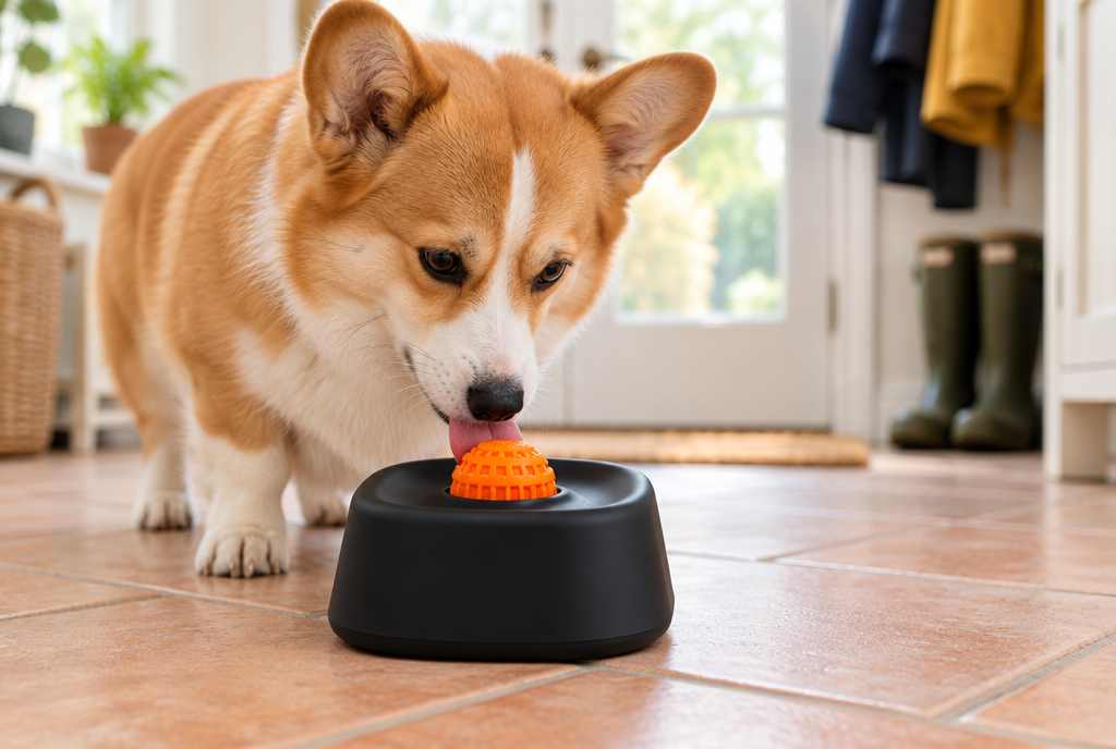 A Corgi licking the rolling ball on the lick bowl on a tiled utility room floor