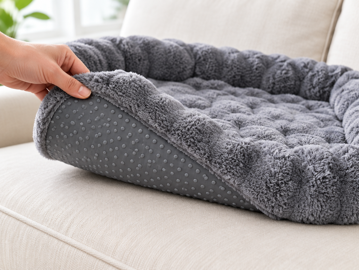 A hand lifting a corner of the bed to show the silicone grip dots on its underside