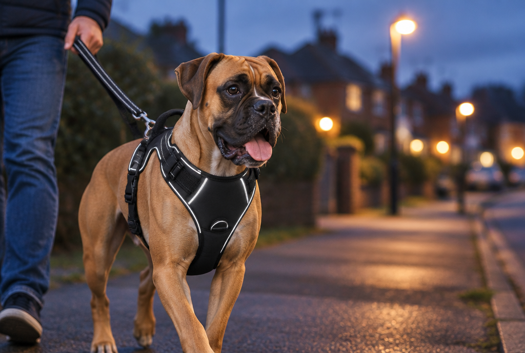 A man walking a Boxer at dusk, the harness reflective trim catching the light