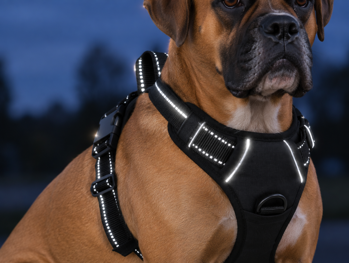 Close-up of the harness reflective piping lit up bright against the dark fabric at dusk