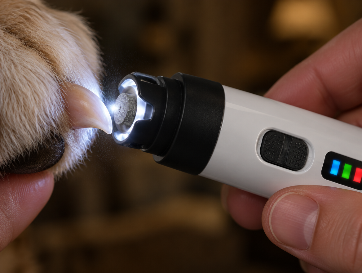 Macro of the grinder's LED lighting a single nail with the diamond wheel visible in the open port