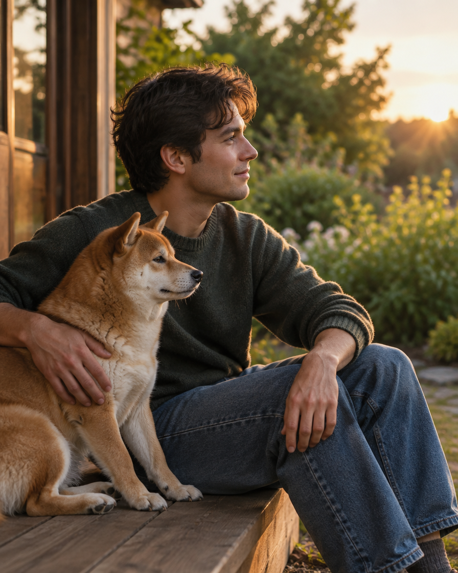 A man sitting on a doorstep at sunset with a Shiba Inu leaning against him