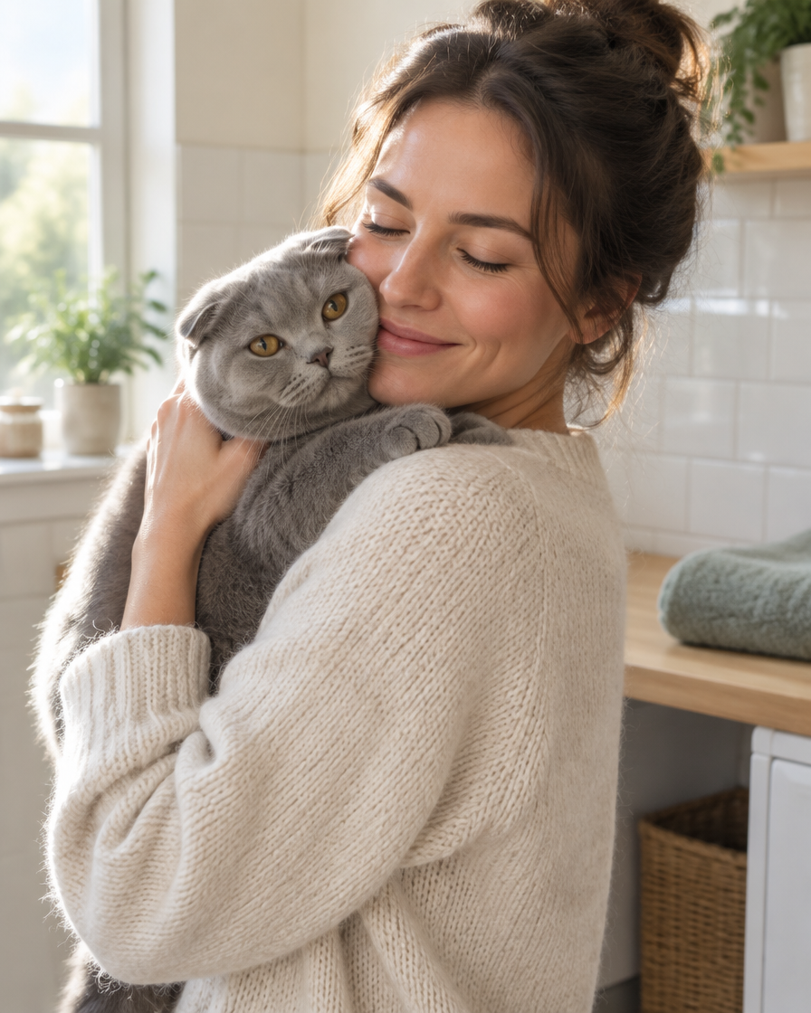 A woman holding a Scottish Fold cat against her shoulder in a sunlit utility room