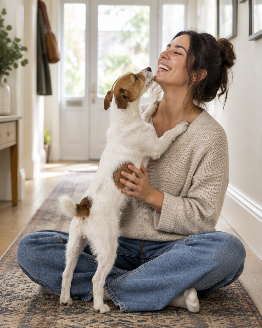 A woman sitting on a hallway floor as a Jack Russell Terrier stretches up to her