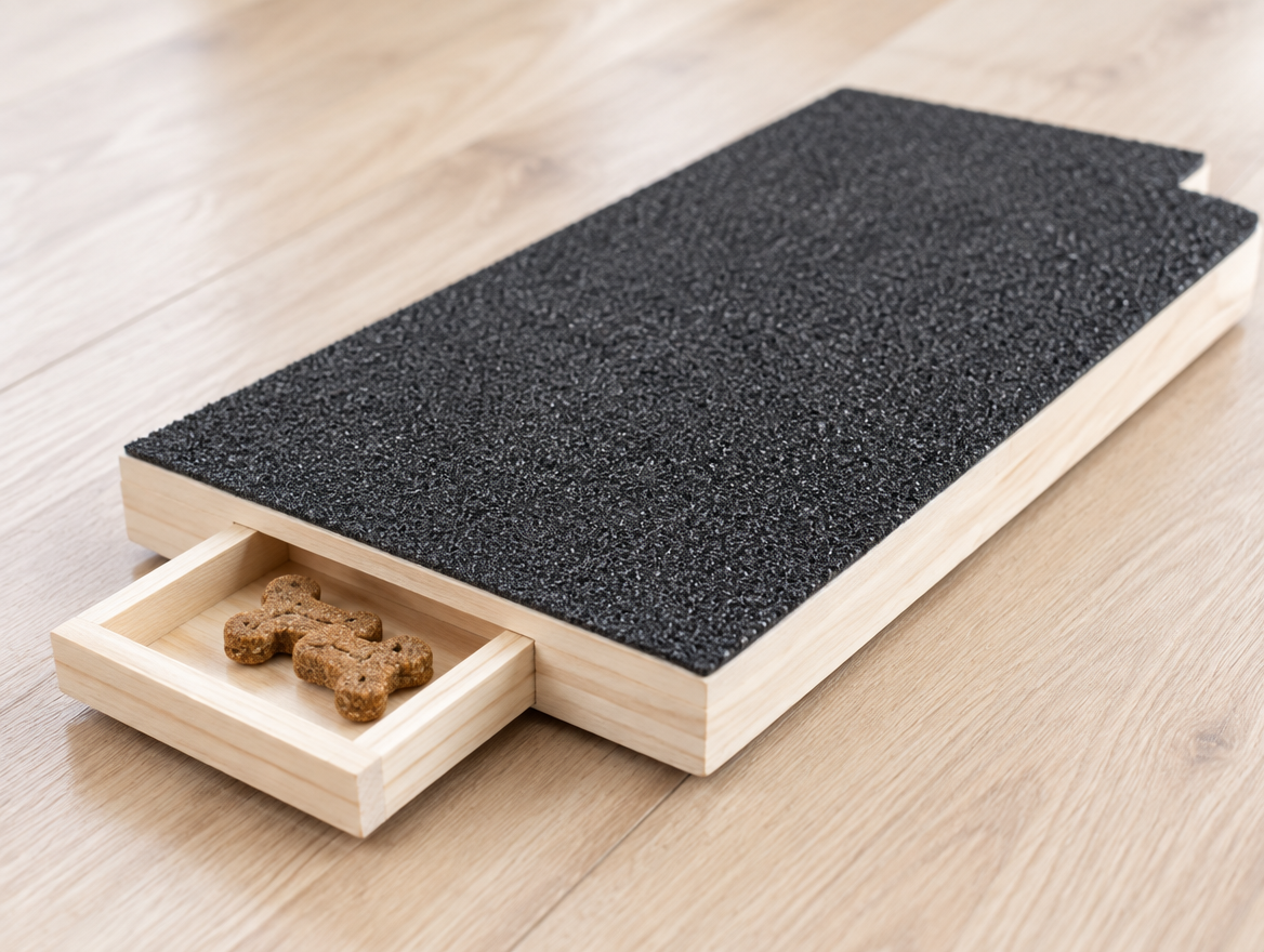 The scratch board with its drawer pulled open and two biscuits inside