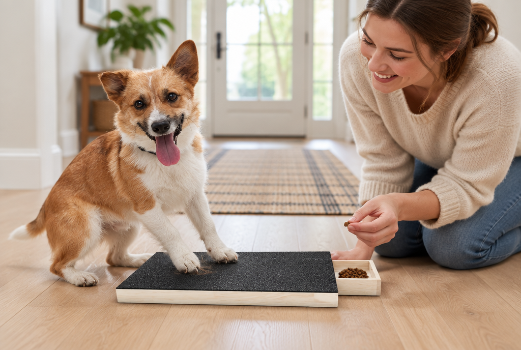 A Jack Russell Terrier scratching the wooden nail board while its owner offers a treat
