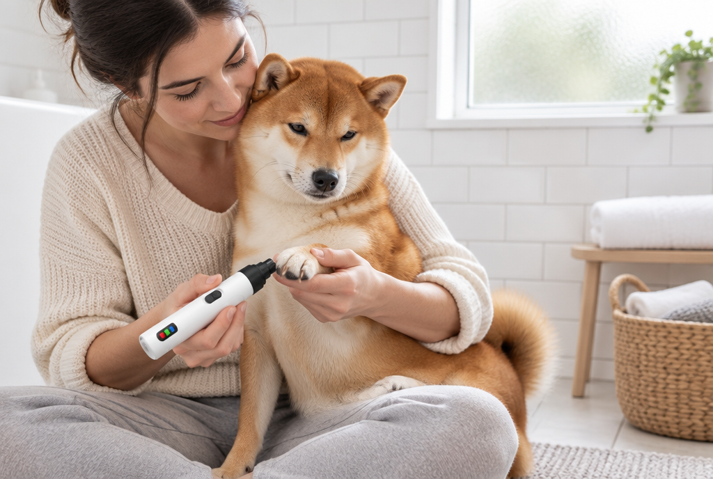 A woman holding a Shiba Inu's paw and touching the cordless nail grinder to one nail