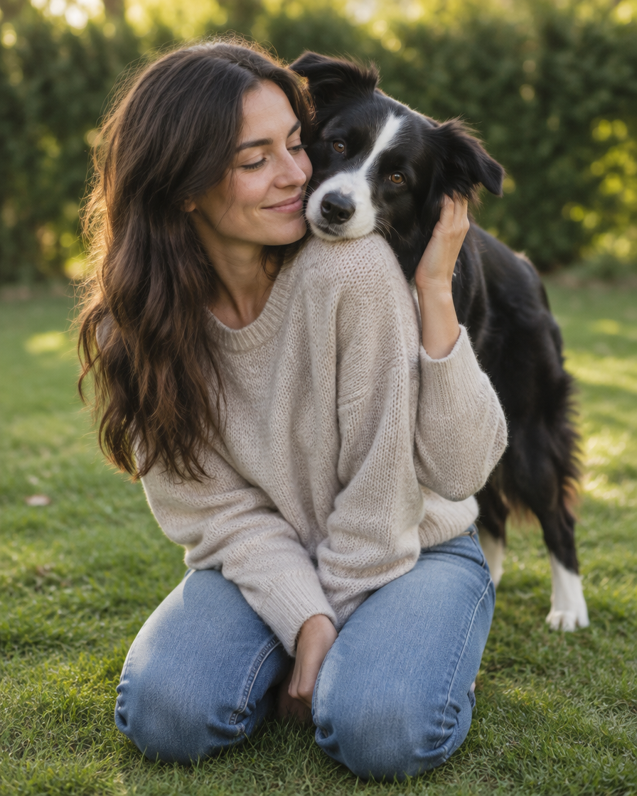 A woman kneeling on a lawn with a Border Collie resting its chin on her shoulder