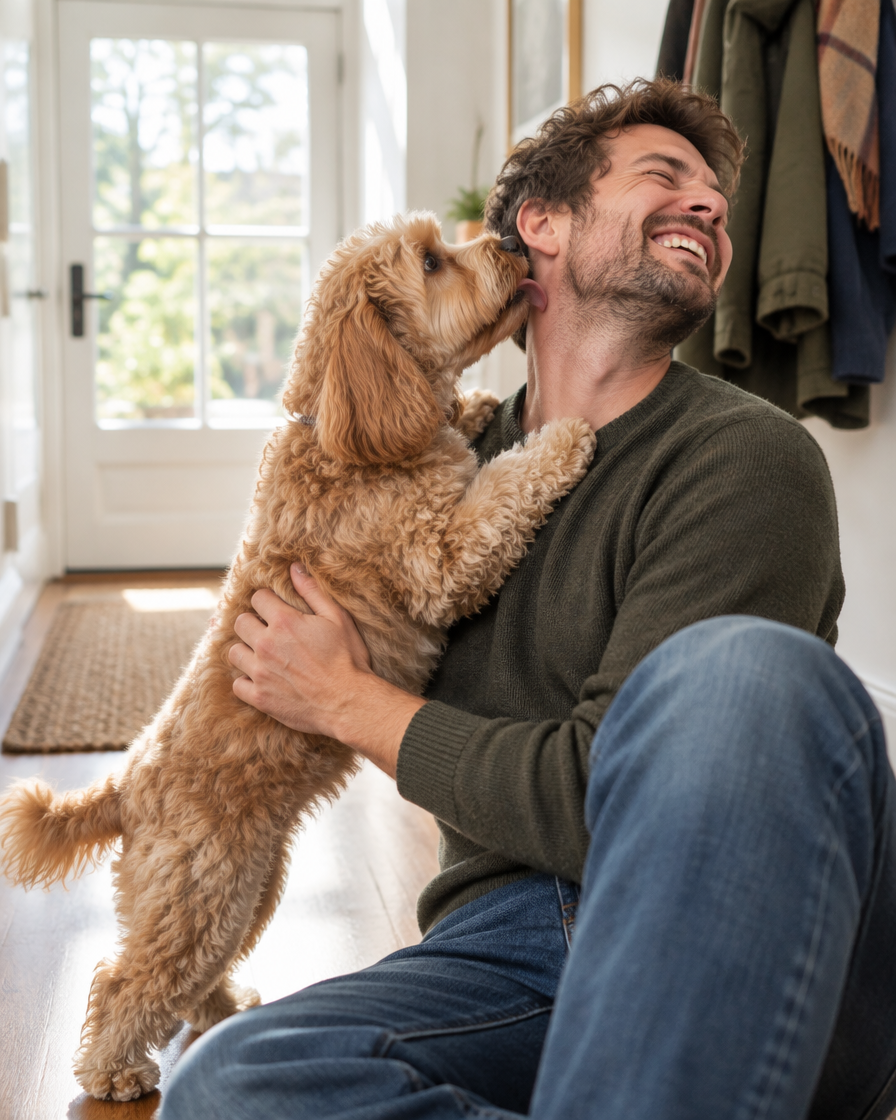 A man sitting on a hallway floor as a Cockapoo puts its paws on his shoulder