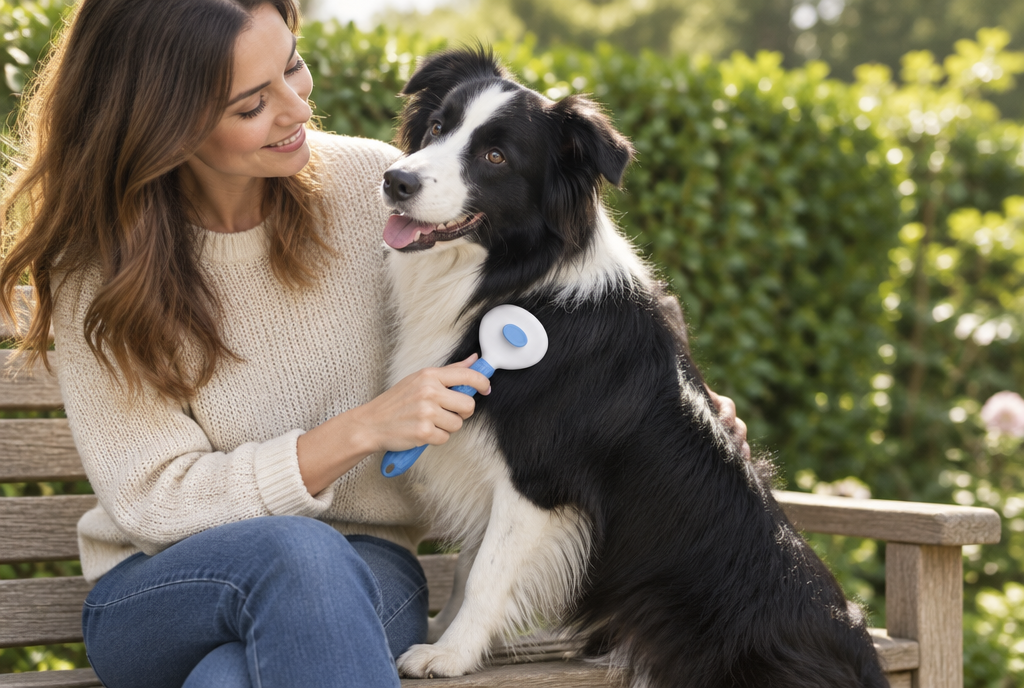 A woman on a garden bench brushing a Border Collie that has its paws up beside her