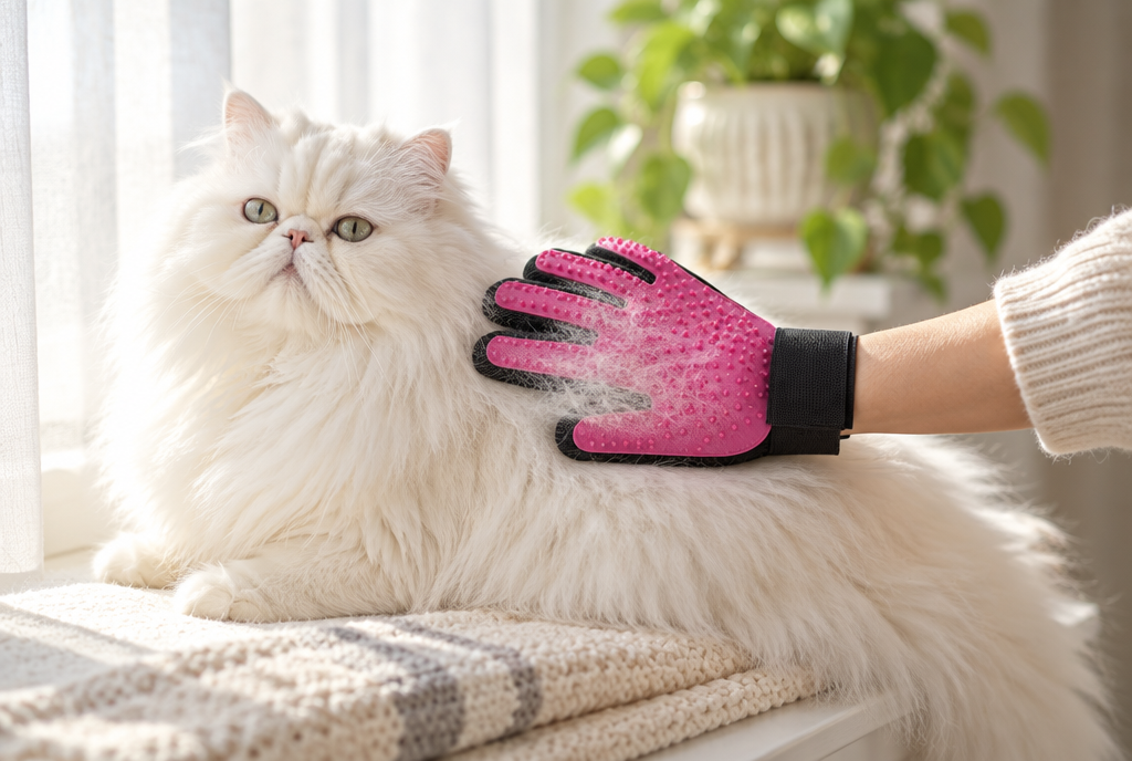 A hand in the pink grooming glove stroking a long-haired Persian cat on a windowsill