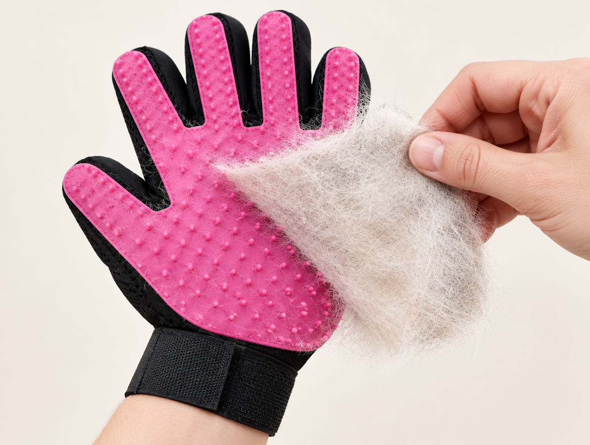 A sheet of collected cat fur being peeled off the glove's nubbed palm in one piece