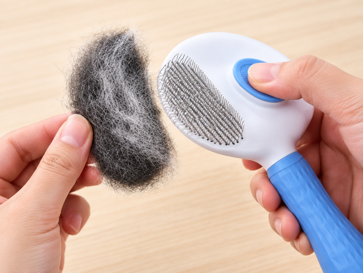 A felted pad of collected fur lifting away from the brush's retracted pins in one piece