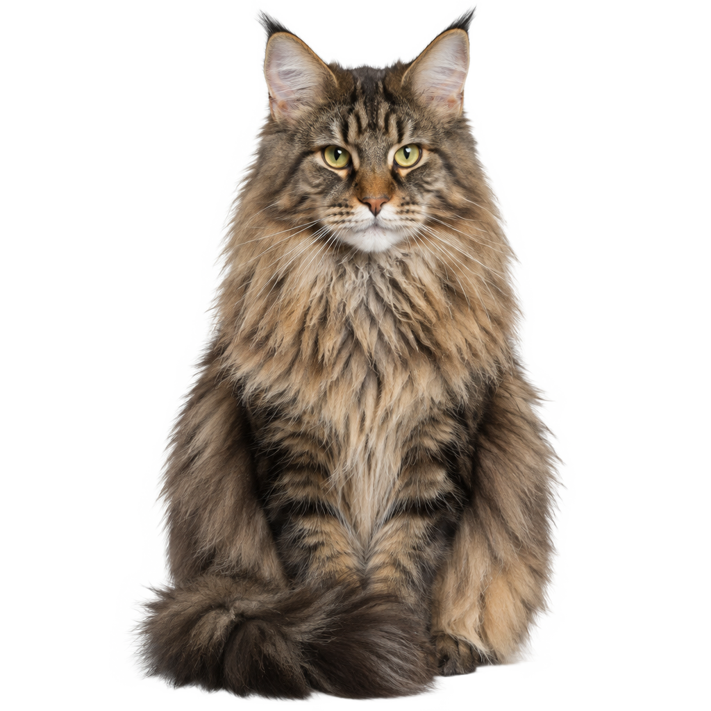 A long-haired brown tabby cat sitting, cut out on a transparent background