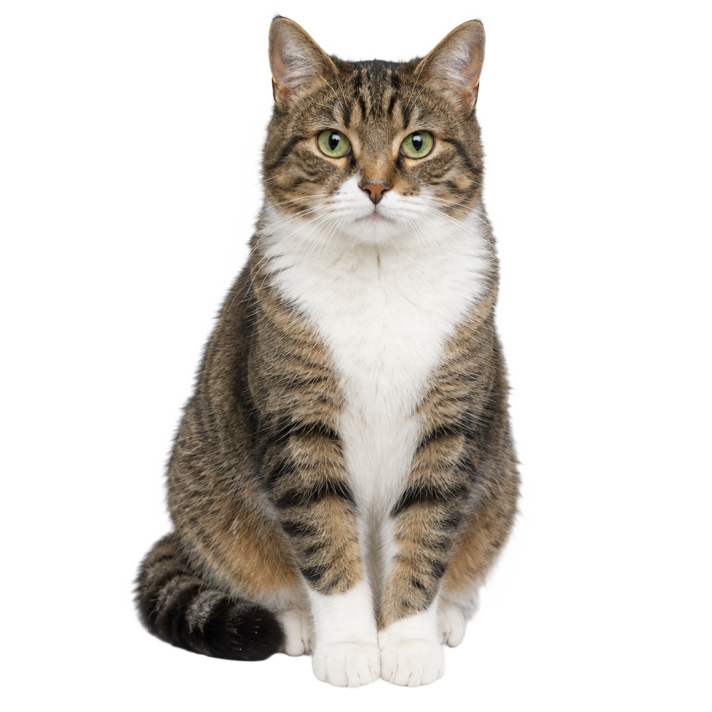 A tabby-and-white cat sitting, cut out on a transparent background