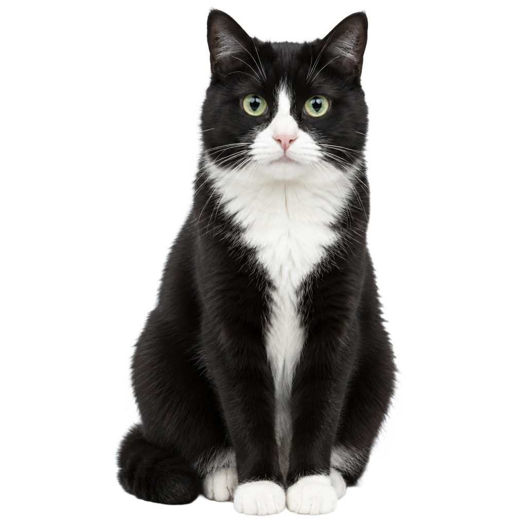 A black-and-white tuxedo cat sitting, cut out on a transparent background