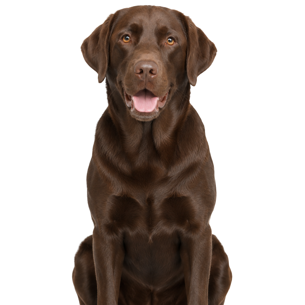 A chocolate Labrador sitting, cut out on a transparent background